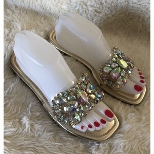 Iridescent Rhinestone Slide Sandals Gold Footbed Women Size 8 Bridal Prom Cute